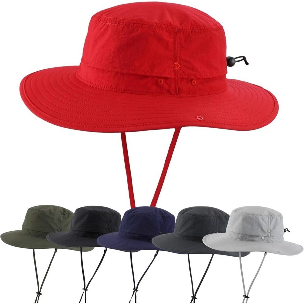 Unisex Red 100% Nylon Wide Brim Boonie with Chin Strap Classic Cowboy Hat